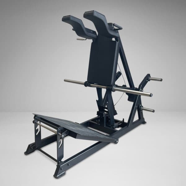 Plate-loaded hack squat machine with angled foot platform and shoulder pads